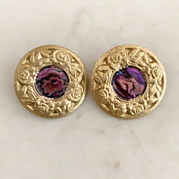 Vintage 1980s large gold tone & purple round statement earrings